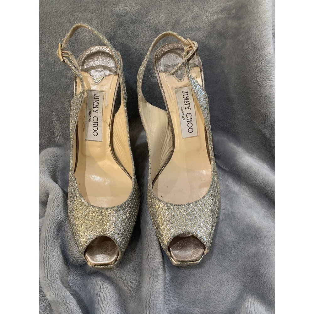 Jimmy Choo Nova Glittered Metallic Open Toe Slingback Platform Pump 37.5-7.5 - Picture 2 of 8